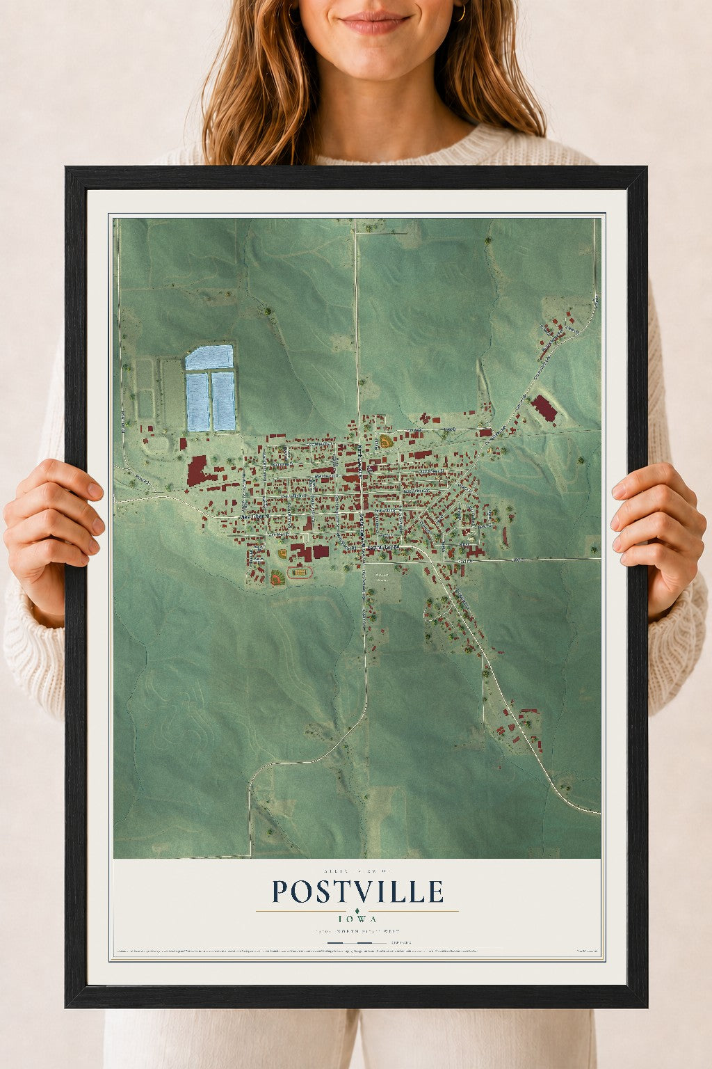Map of Postville, Iowa, 18 x 24 inch print in a black wood frame