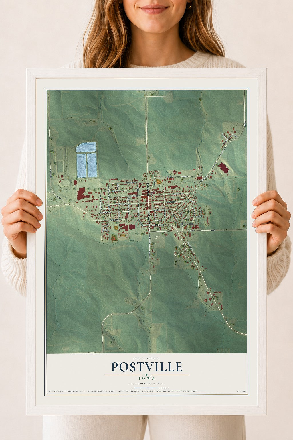 Map of Postville, Iowa, 18 x 24 inch print in a white wood frame