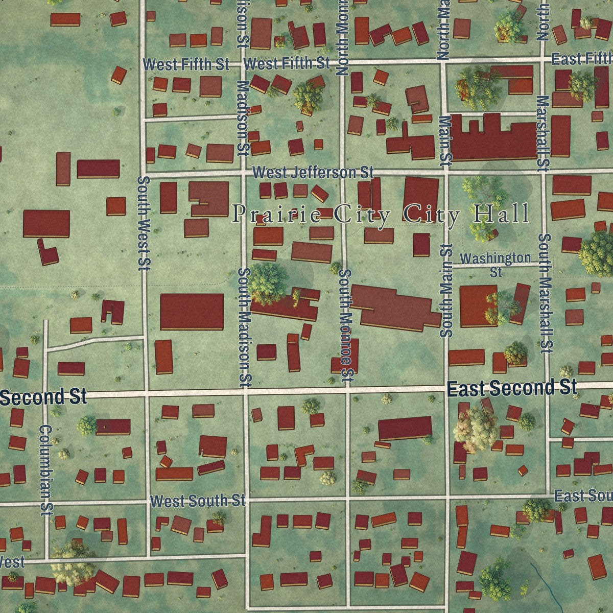 Close-up of the map of Prairie City, Iowa print showing street and building detail