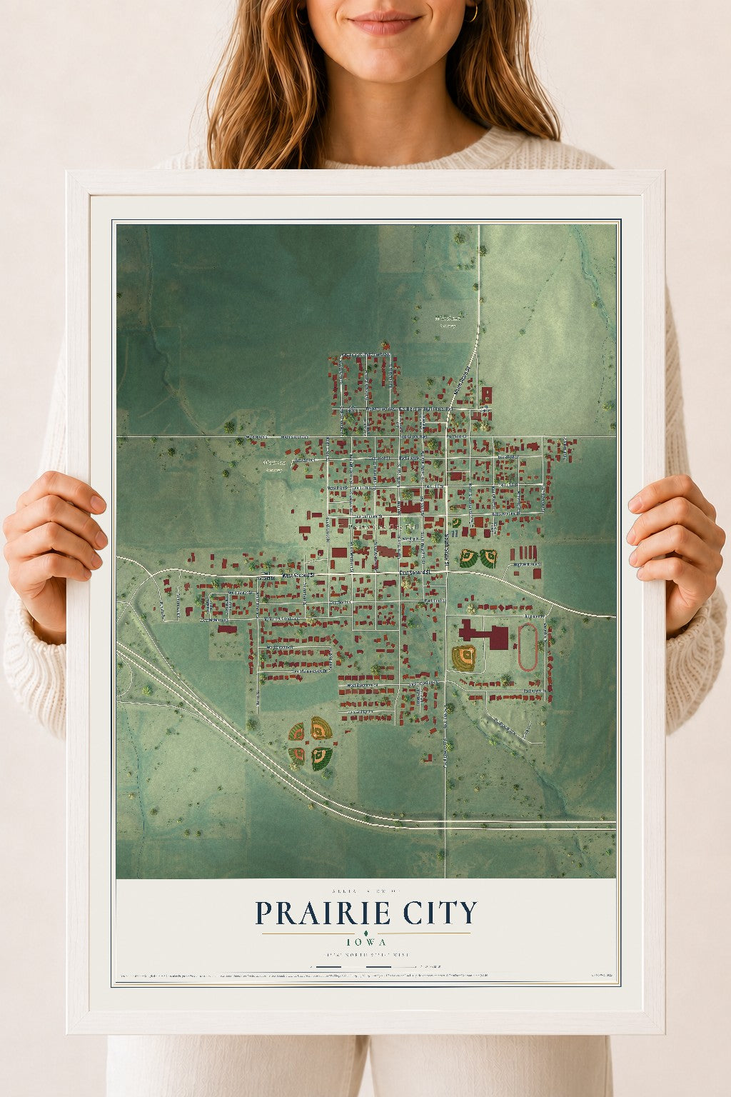 Map of Prairie City, Iowa, 18 x 24 inch print in a white wood frame
