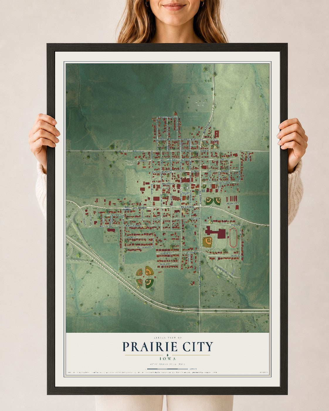 Map of Prairie City, Iowa, 24 x 36 inch print in a black wood frame