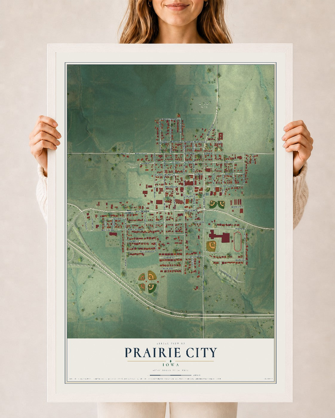 Map of Prairie City, Iowa, 24 x 36 inch print in a white wood frame