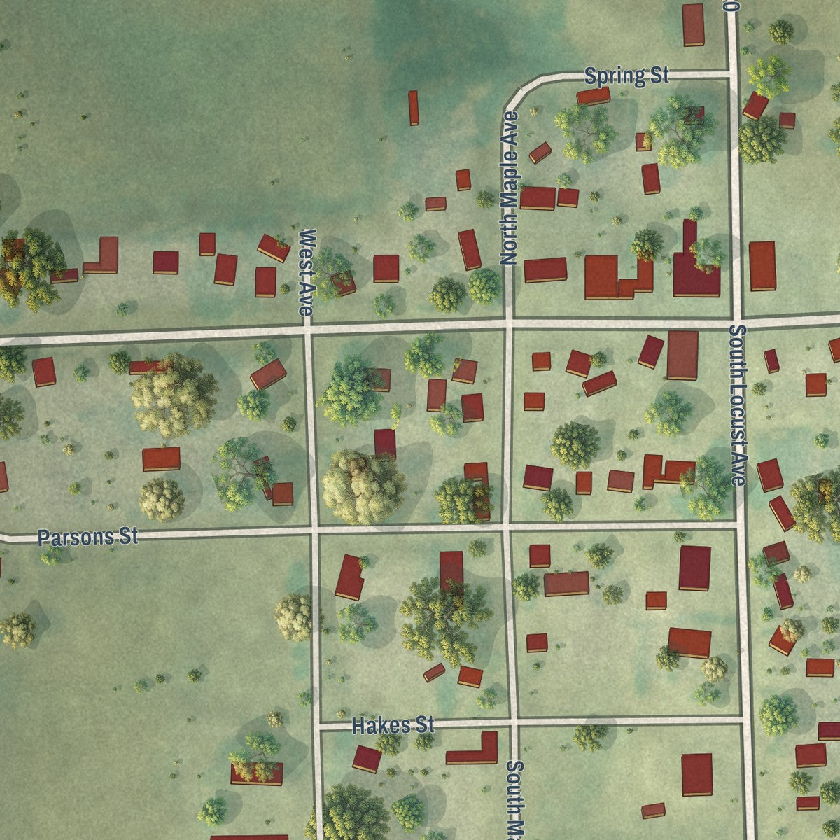 Close-up of the map of Prairieburg, Iowa print showing street and building detail