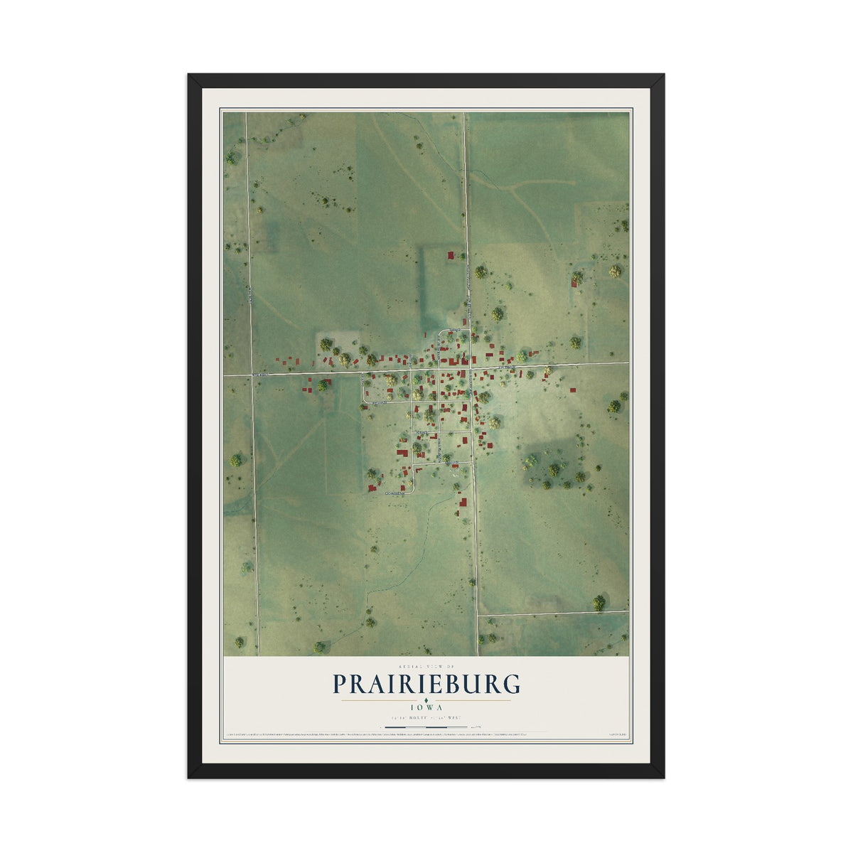 Map of Prairieburg, Iowa, 12 x 18 inch print in a black wood frame
