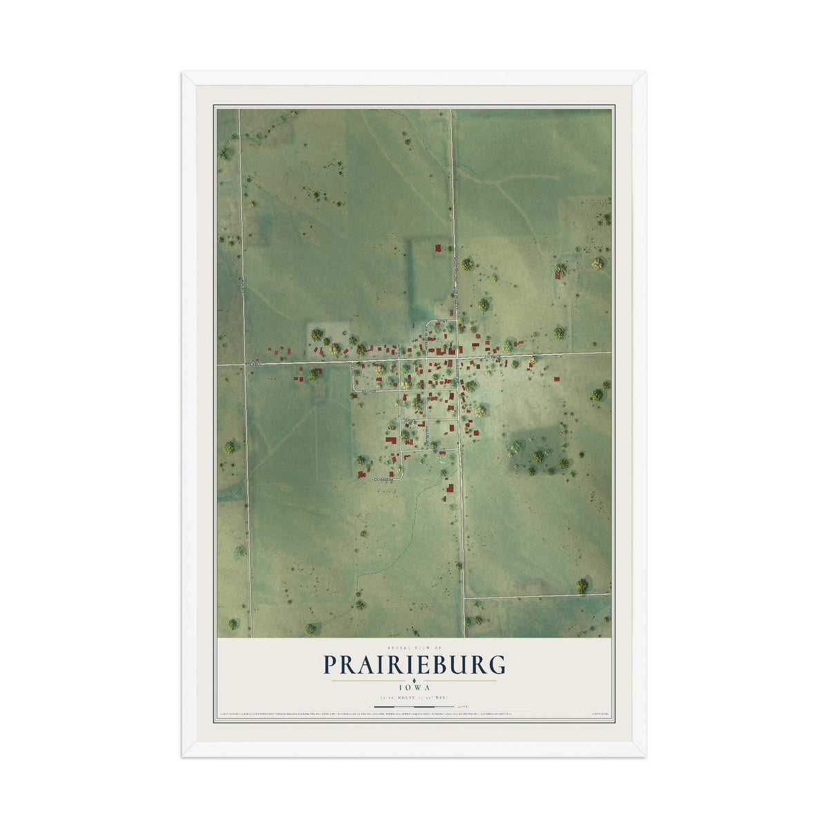 Map of Prairieburg, Iowa, 12 x 18 inch print in a white wood frame