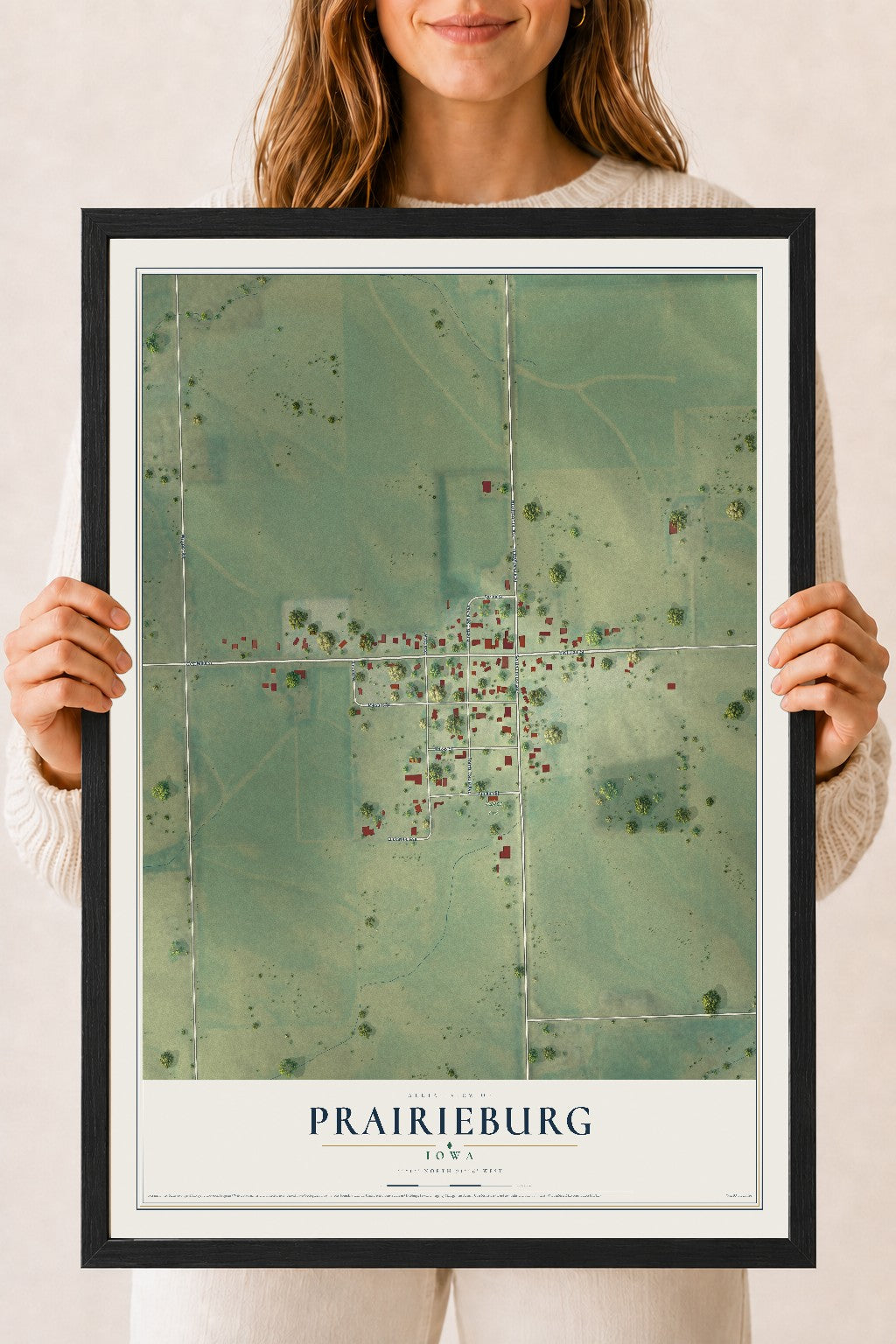 Map of Prairieburg, Iowa, 18 x 24 inch print in a black wood frame
