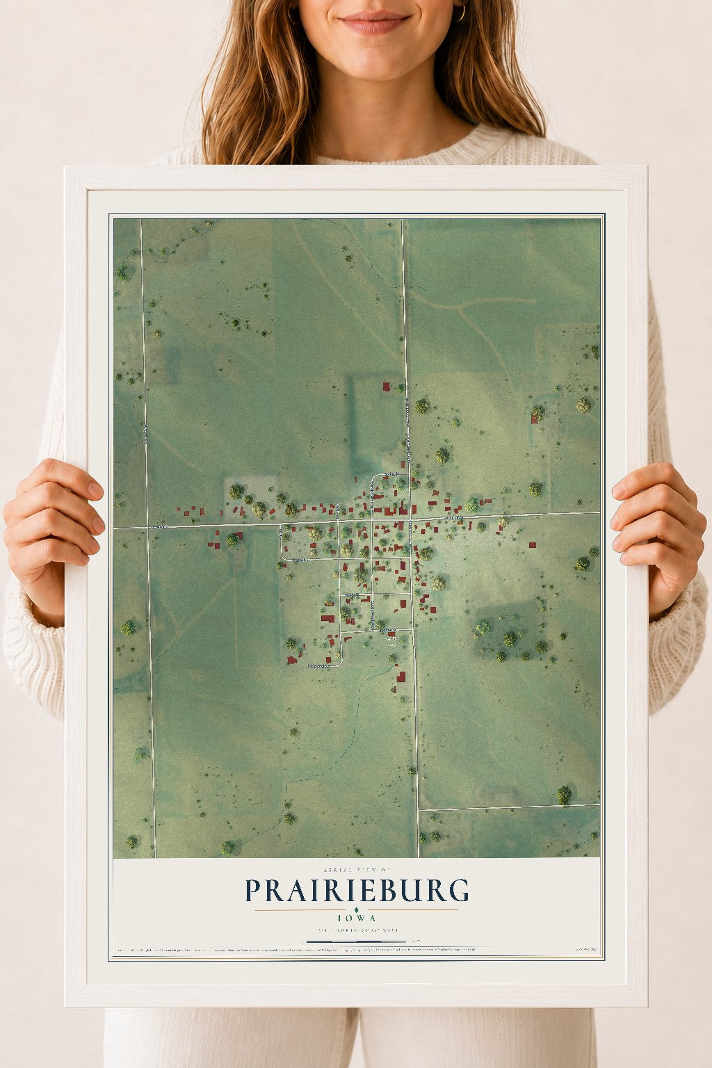 Map of Prairieburg, Iowa, 18 x 24 inch print in a white wood frame
