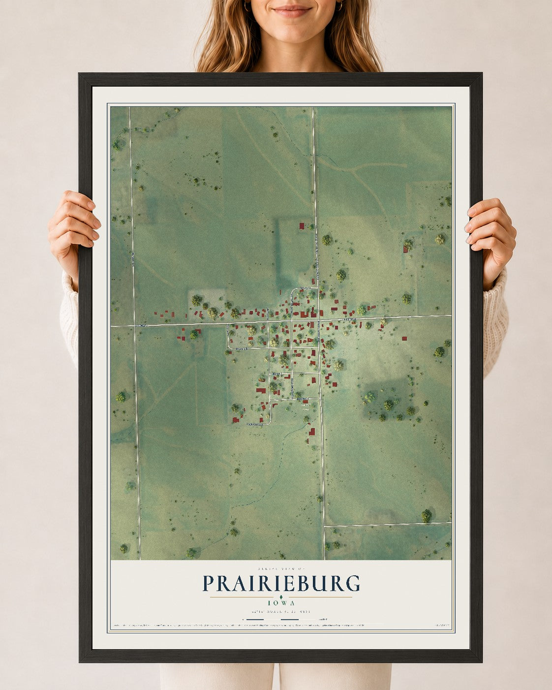 Map of Prairieburg, Iowa, 24 x 36 inch print in a black wood frame