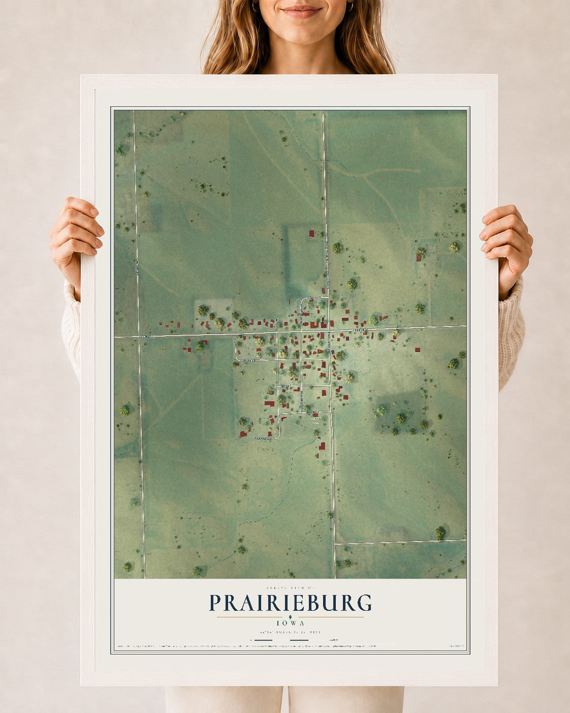 Map of Prairieburg, Iowa, 24 x 36 inch print in a white wood frame