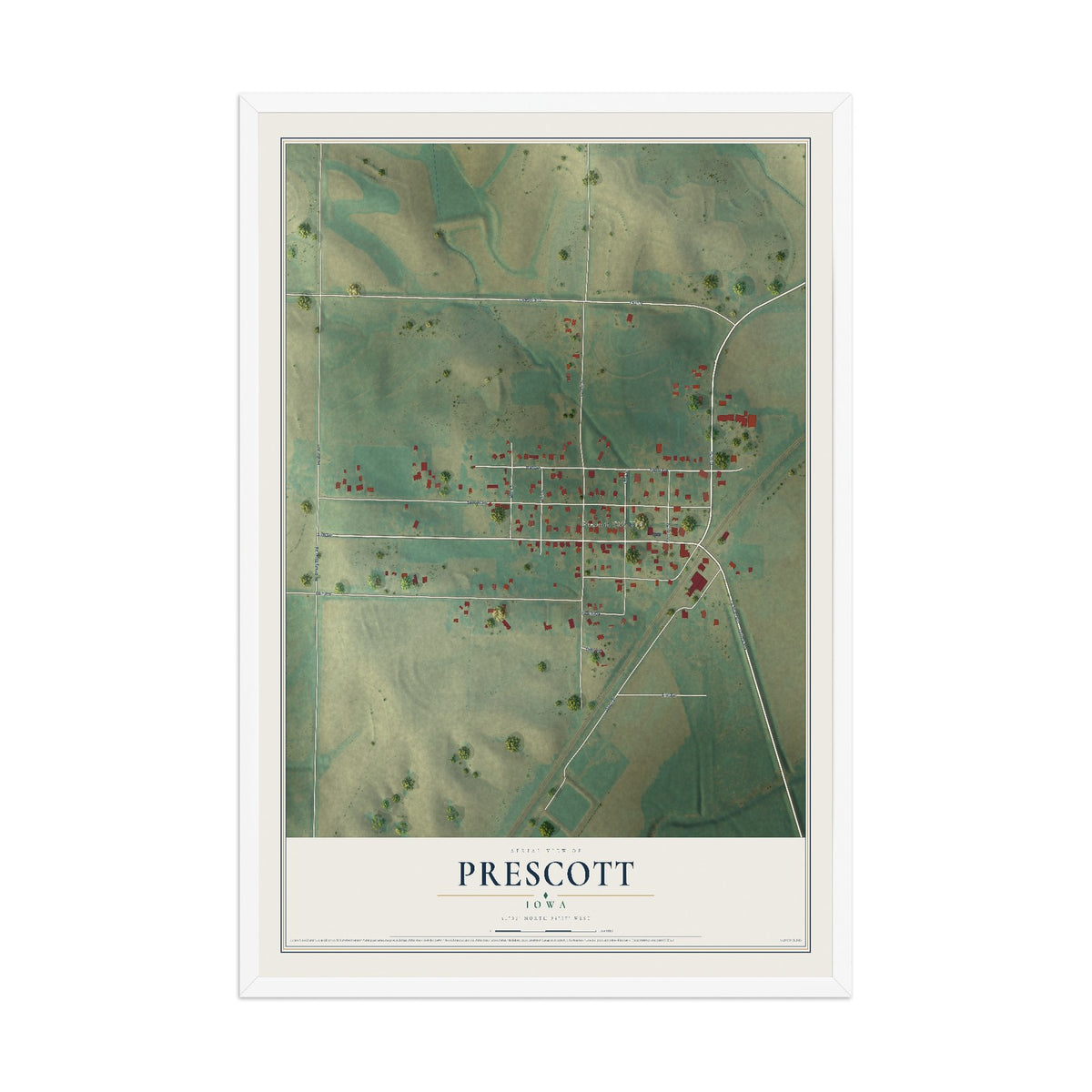 Map of Prescott, Iowa, 12 x 18 inch print in a white wood frame