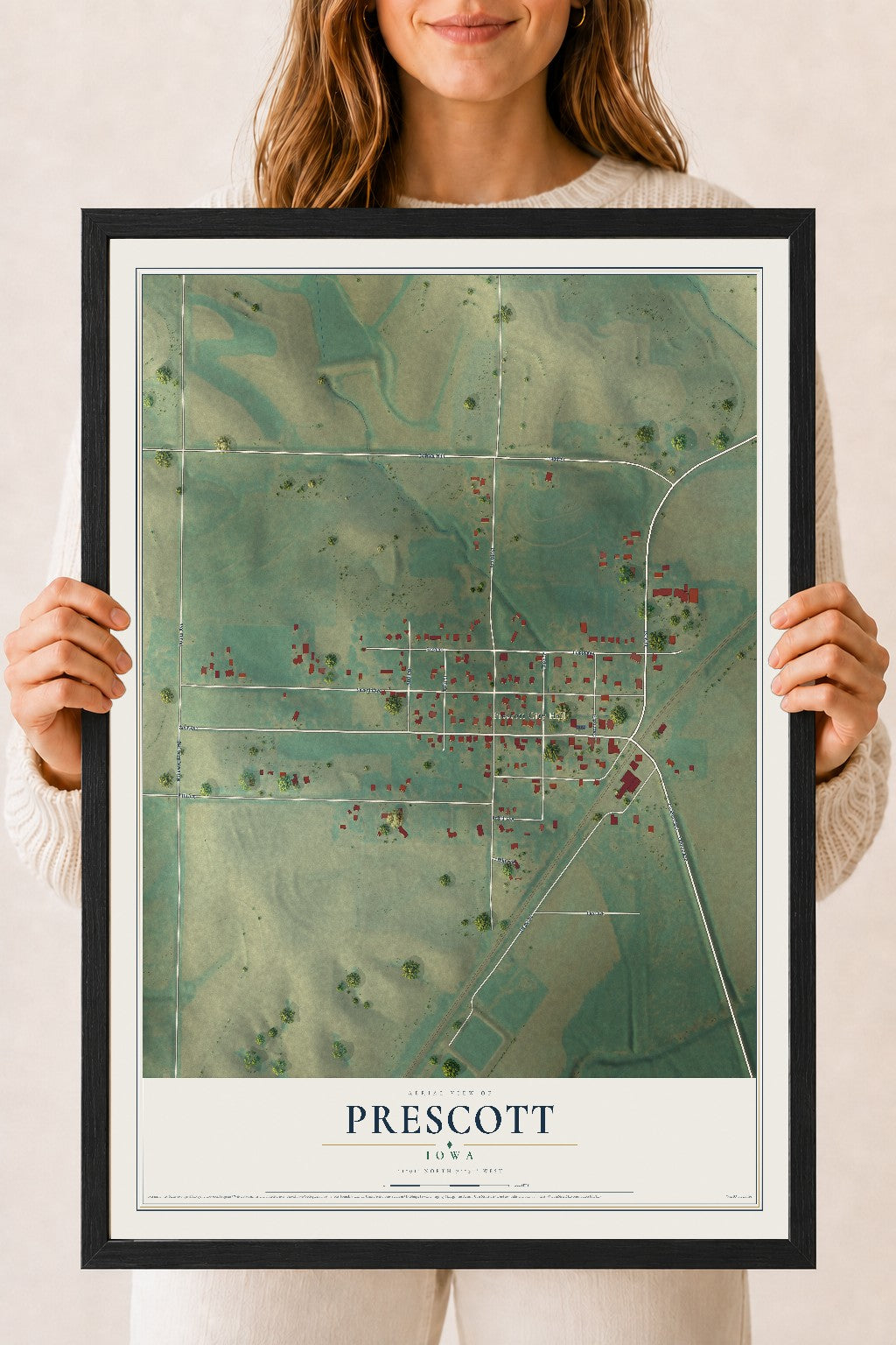 Map of Prescott, Iowa, 18 x 24 inch print in a black wood frame