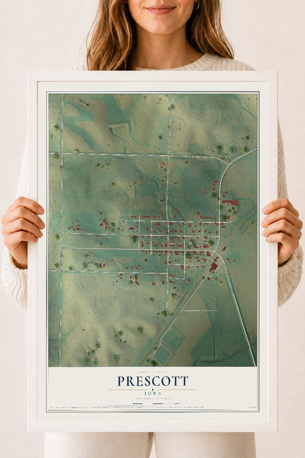 Map of Prescott, Iowa, 18 x 24 inch print in a white wood frame
