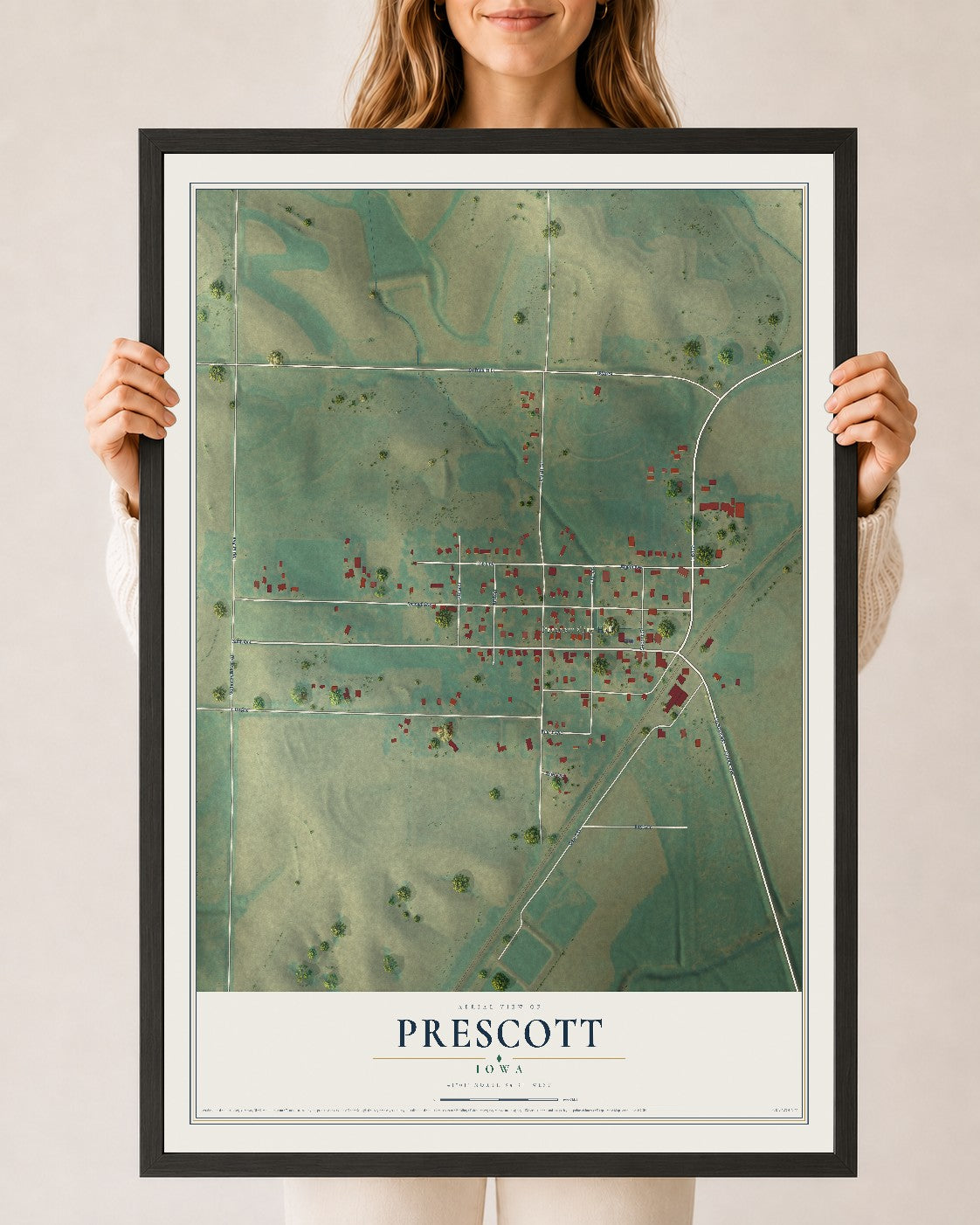 Map of Prescott, Iowa, 24 x 36 inch print in a black wood frame