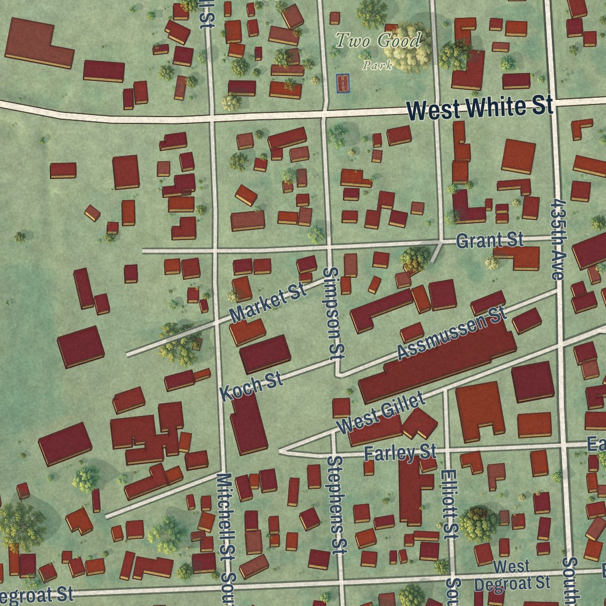 Close-up of the map of Preston, Iowa print showing street and building detail