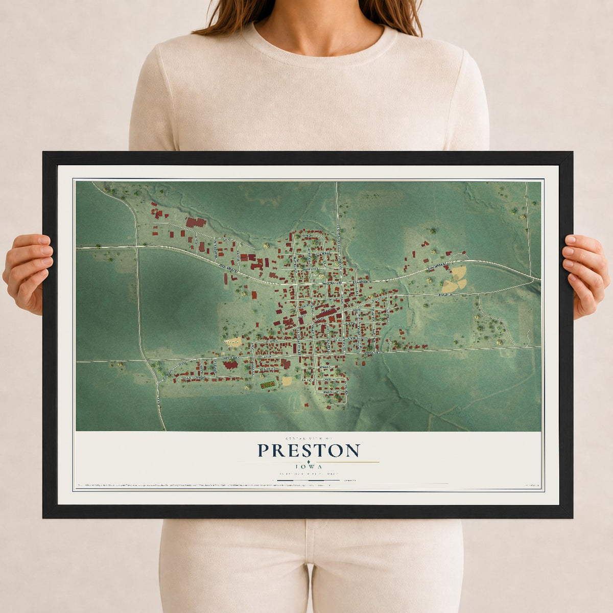Map of Preston, Iowa, 12 x 18 inch print in a black wood frame
