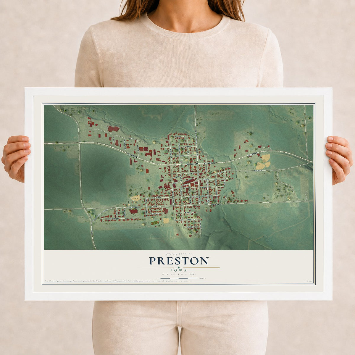 Map of Preston, Iowa, 12 x 18 inch print in a white wood frame