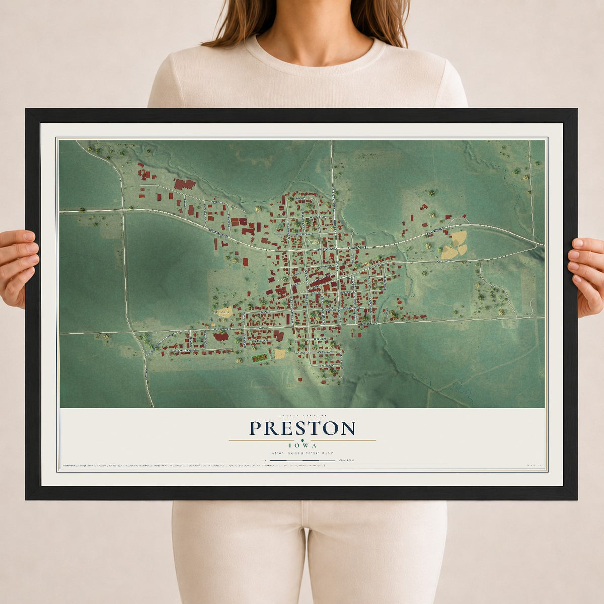 Map of Preston, Iowa, 18 x 24 inch print in a black wood frame