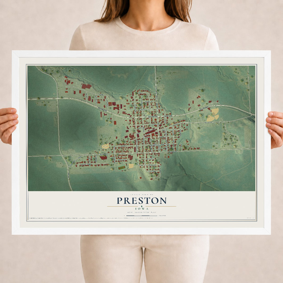 Map of Preston, Iowa, 18 x 24 inch print in a white wood frame