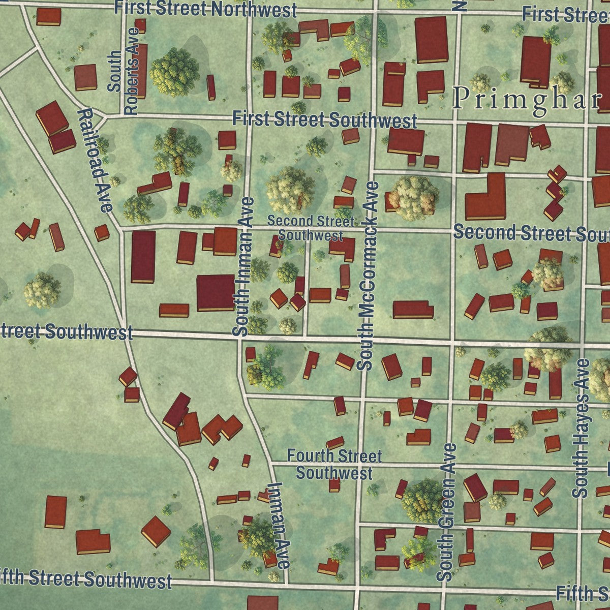 Close-up of the map of Primghar, Iowa print showing street and building detail
