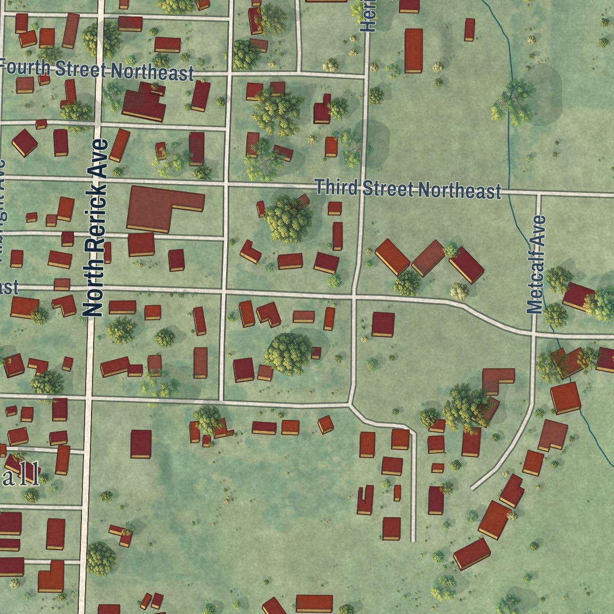 Second close-up of the map of Primghar, Iowa print showing more streets and buildings