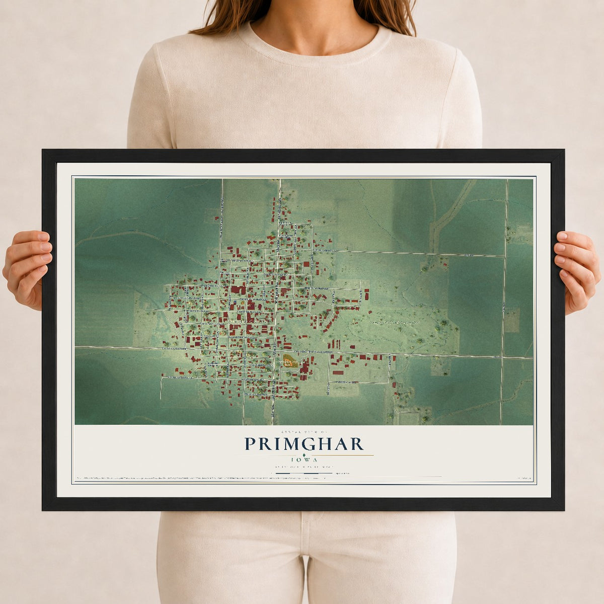 Map of Primghar, Iowa, 12 x 18 inch print in a black wood frame