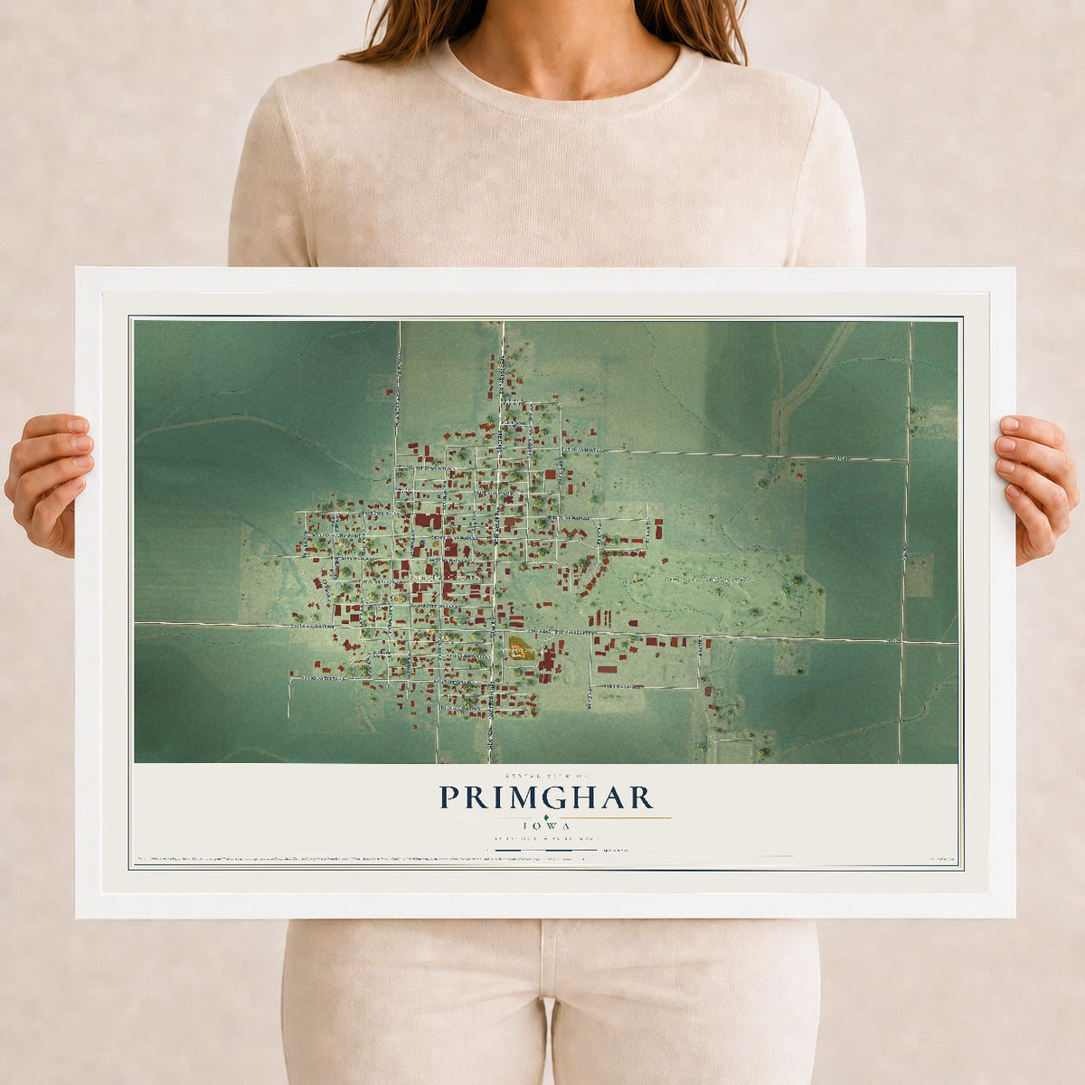 Map of Primghar, Iowa, 12 x 18 inch print in a white wood frame