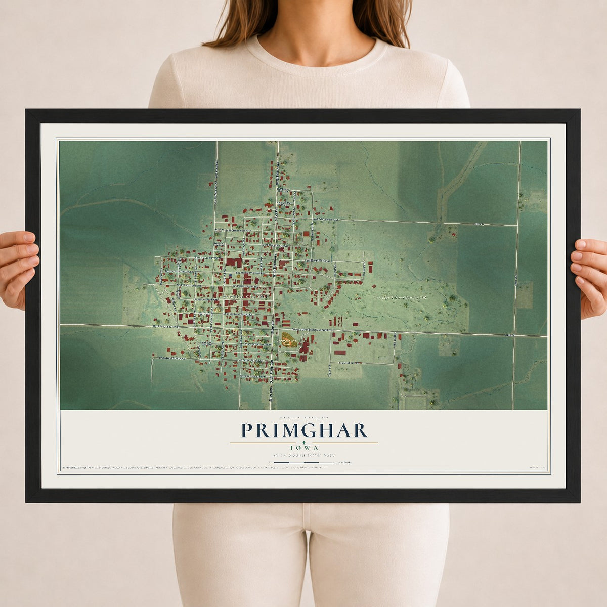 Map of Primghar, Iowa, 18 x 24 inch print in a black wood frame