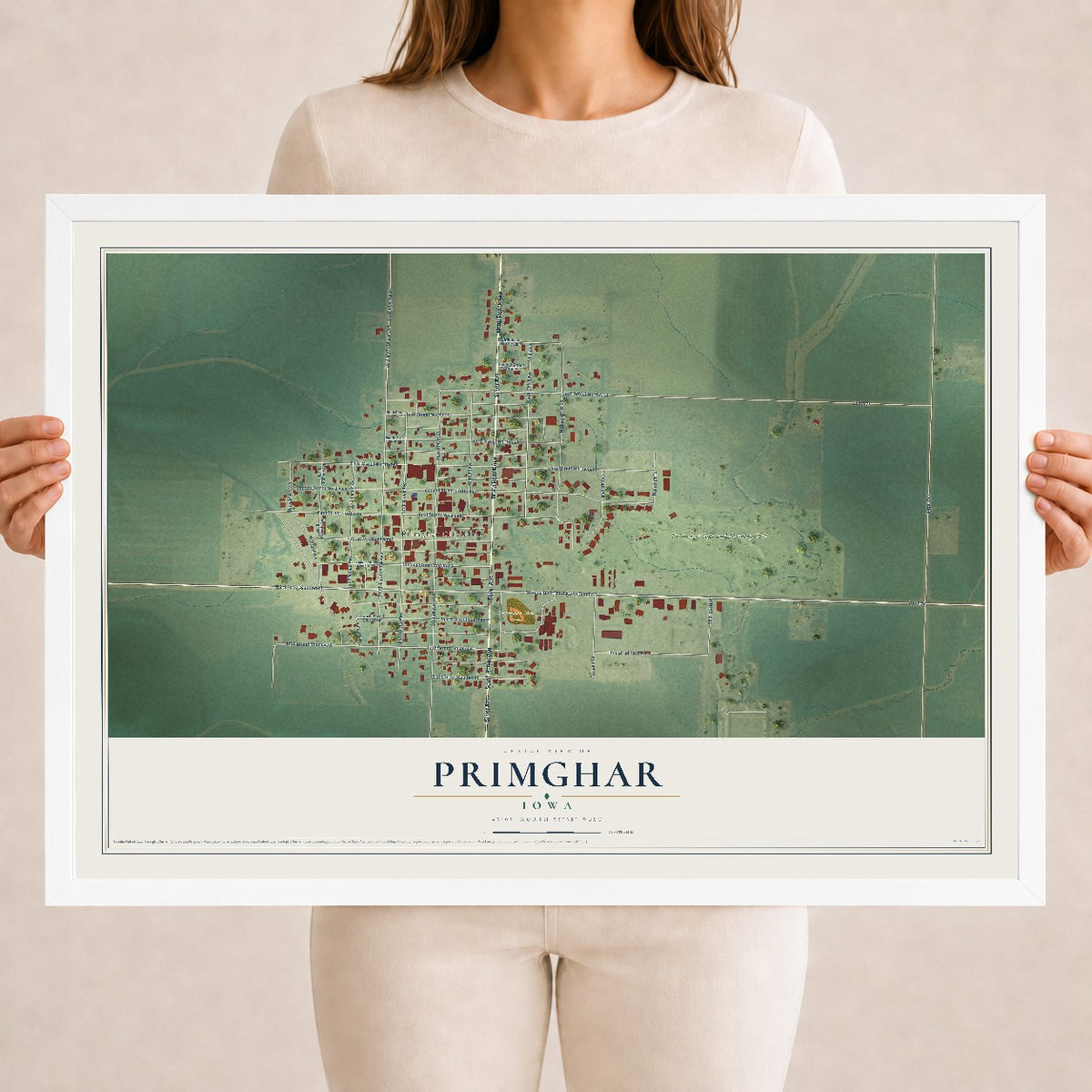 Map of Primghar, Iowa, 18 x 24 inch print in a white wood frame