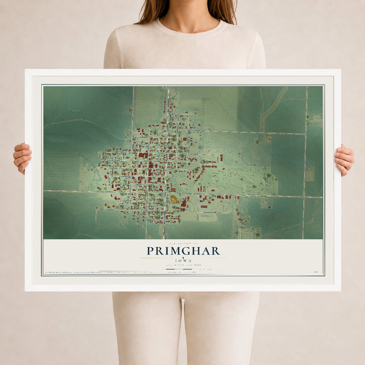 Map of Primghar, Iowa, 24 x 36 inch print in a white wood frame