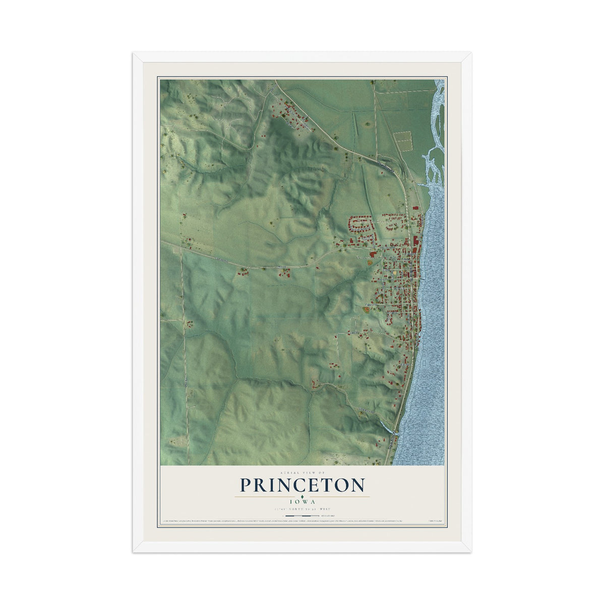 Map of Princeton, Iowa, 12 x 18 inch print in a white wood frame