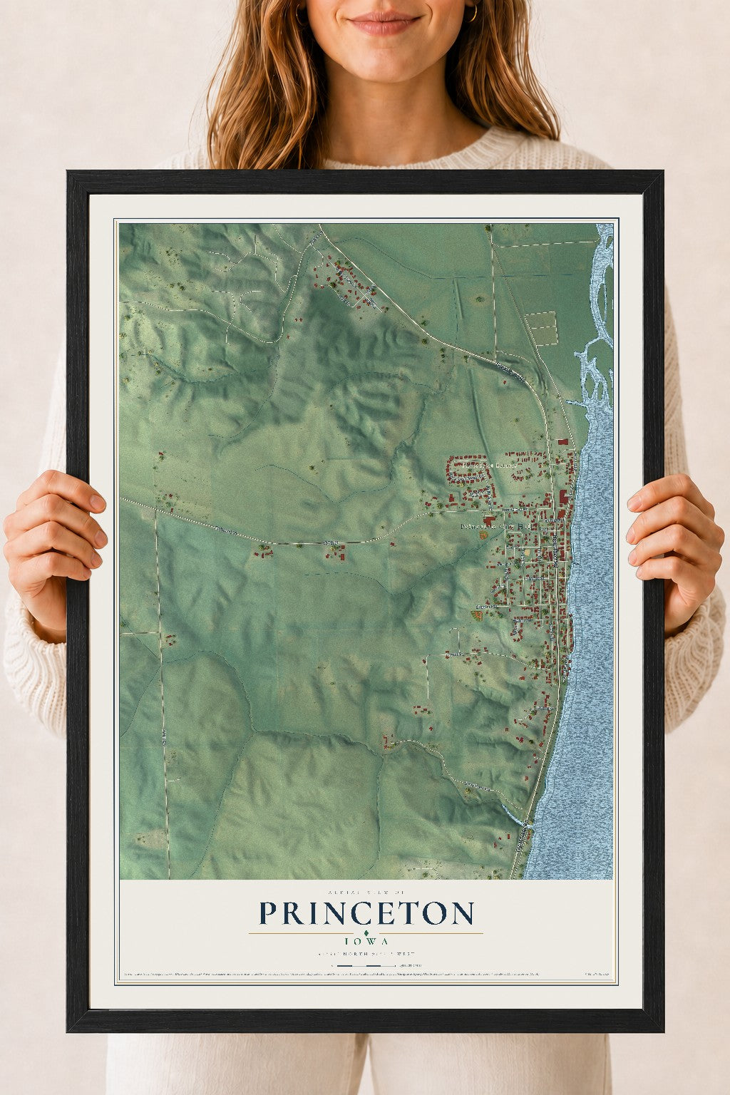 Map of Princeton, Iowa, 18 x 24 inch print in a black wood frame