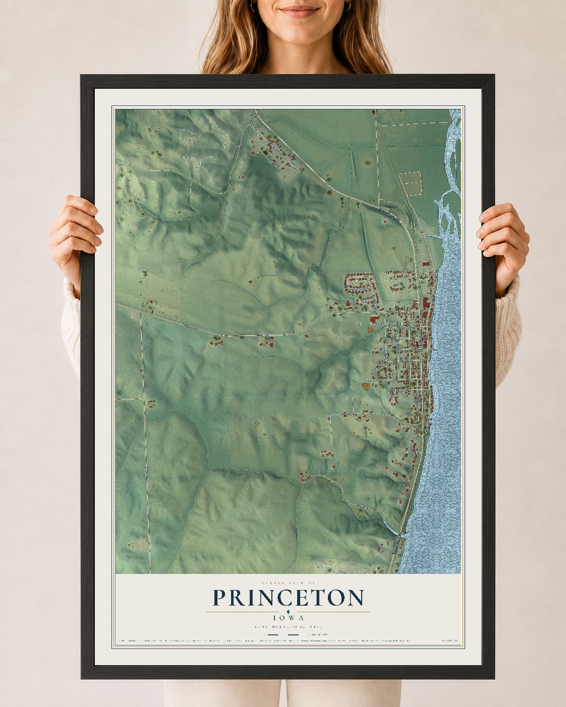 Map of Princeton, Iowa, 24 x 36 inch print in a black wood frame