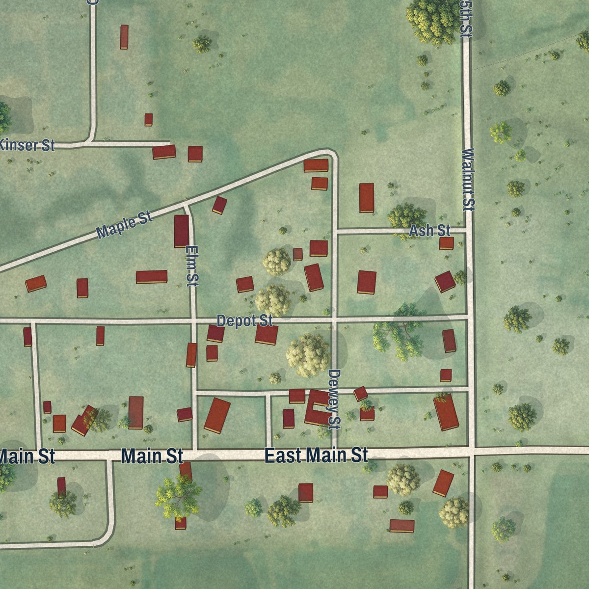 Close-up of the map of Promise City, Iowa print showing street and building detail