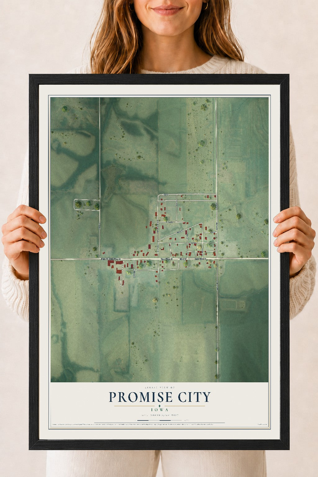 Map of Promise City, Iowa, 18 x 24 inch print in a black wood frame
