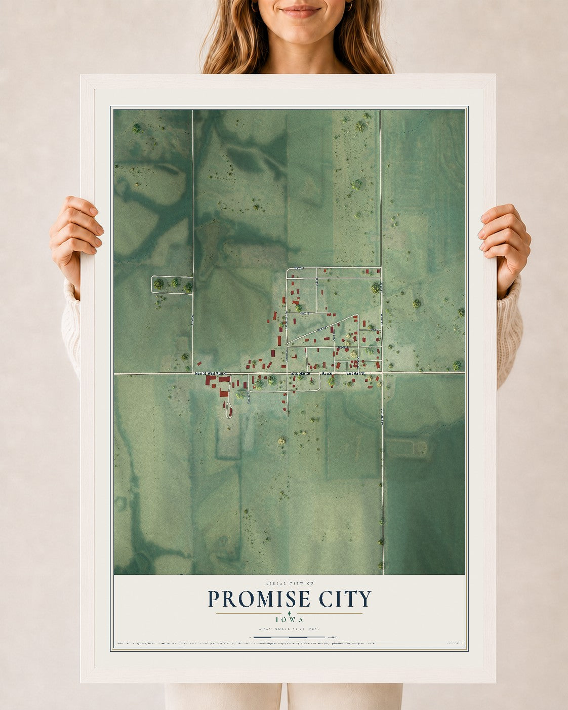 Map of Promise City, Iowa, 24 x 36 inch print in a white wood frame