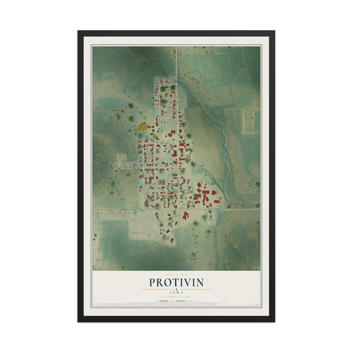 Map of Protivin, Iowa, 12 x 18 inch print in a black wood frame
