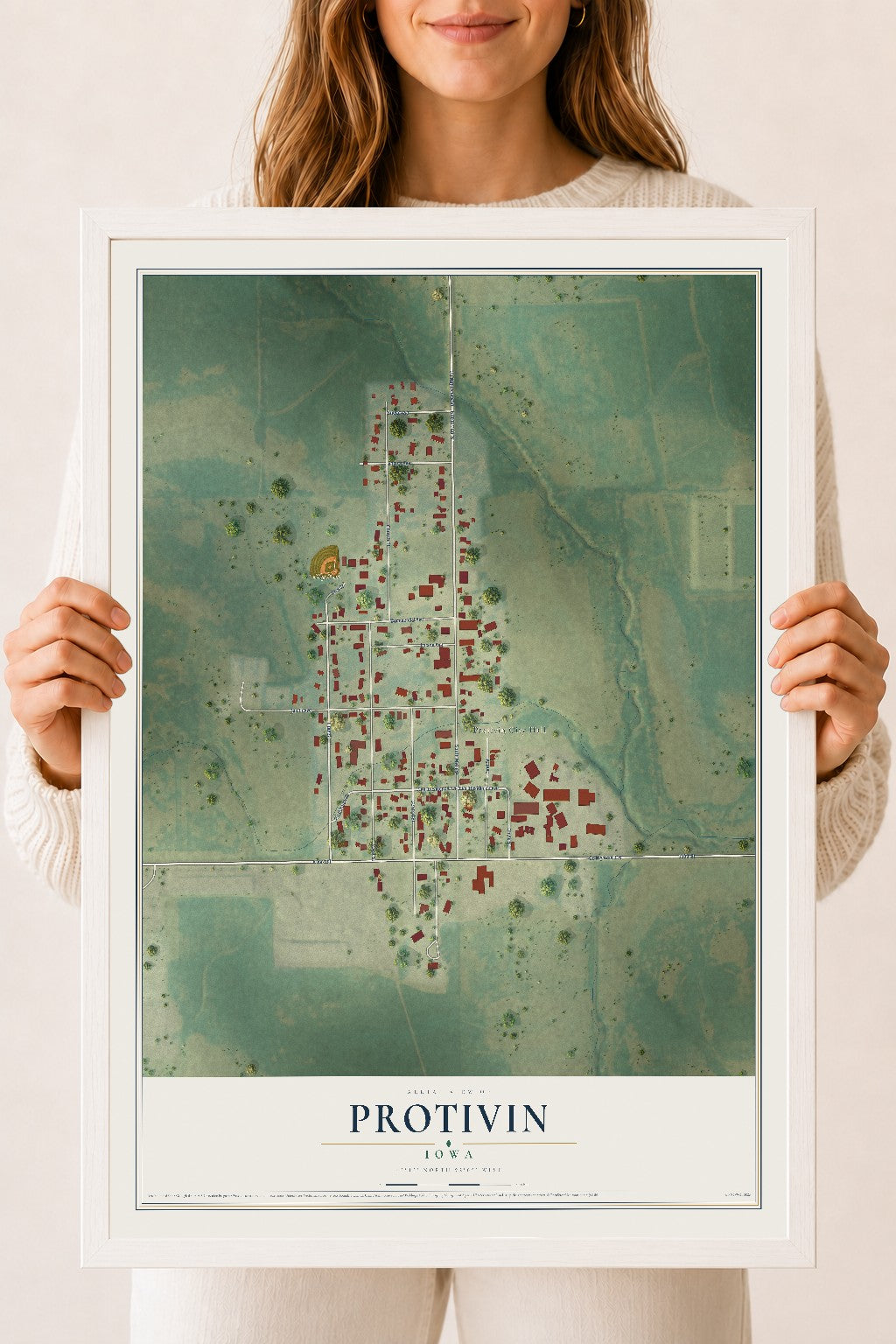 Map of Protivin, Iowa, 18 x 24 inch print in a white wood frame