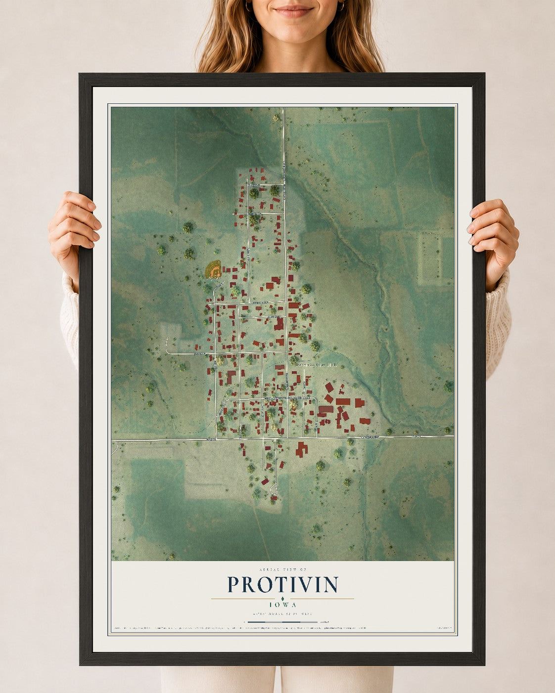 Map of Protivin, Iowa, 24 x 36 inch print in a black wood frame
