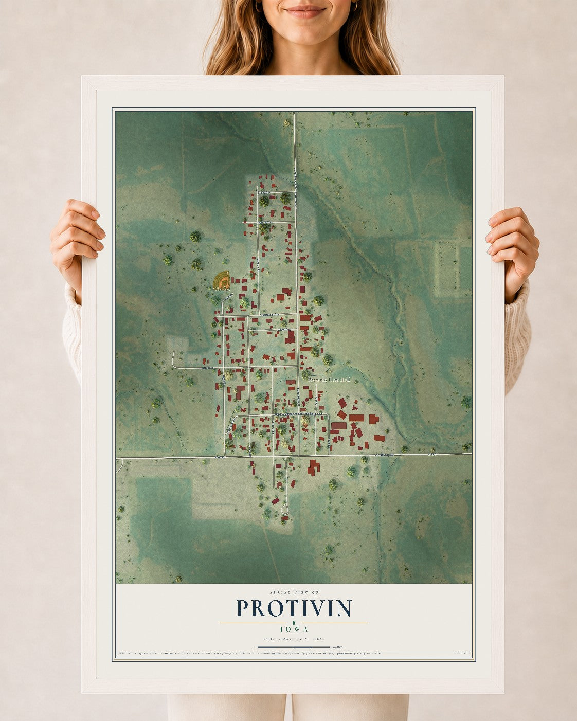 Map of Protivin, Iowa, 24 x 36 inch print in a white wood frame