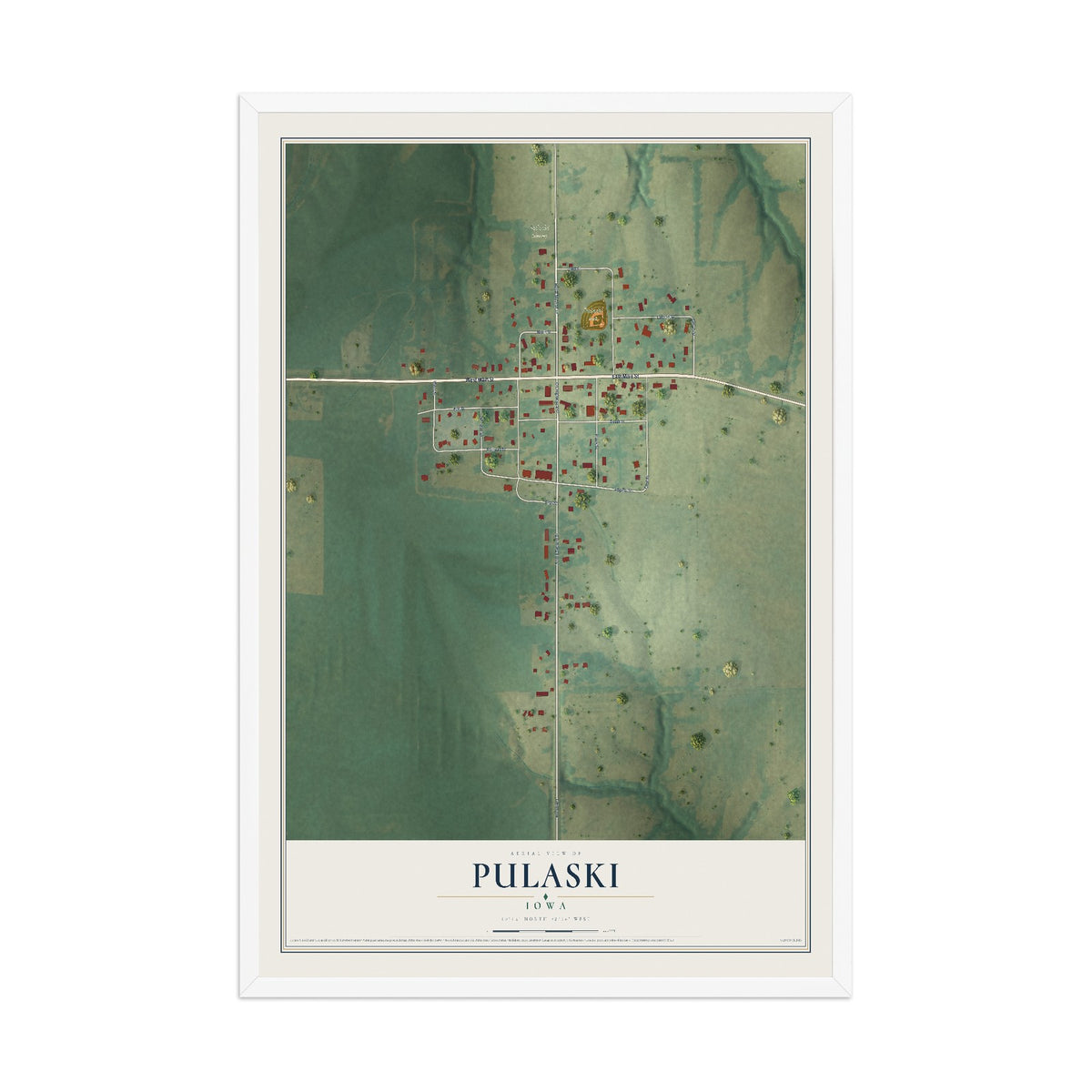 Map of Pulaski, Iowa, 12 x 18 inch print in a white wood frame