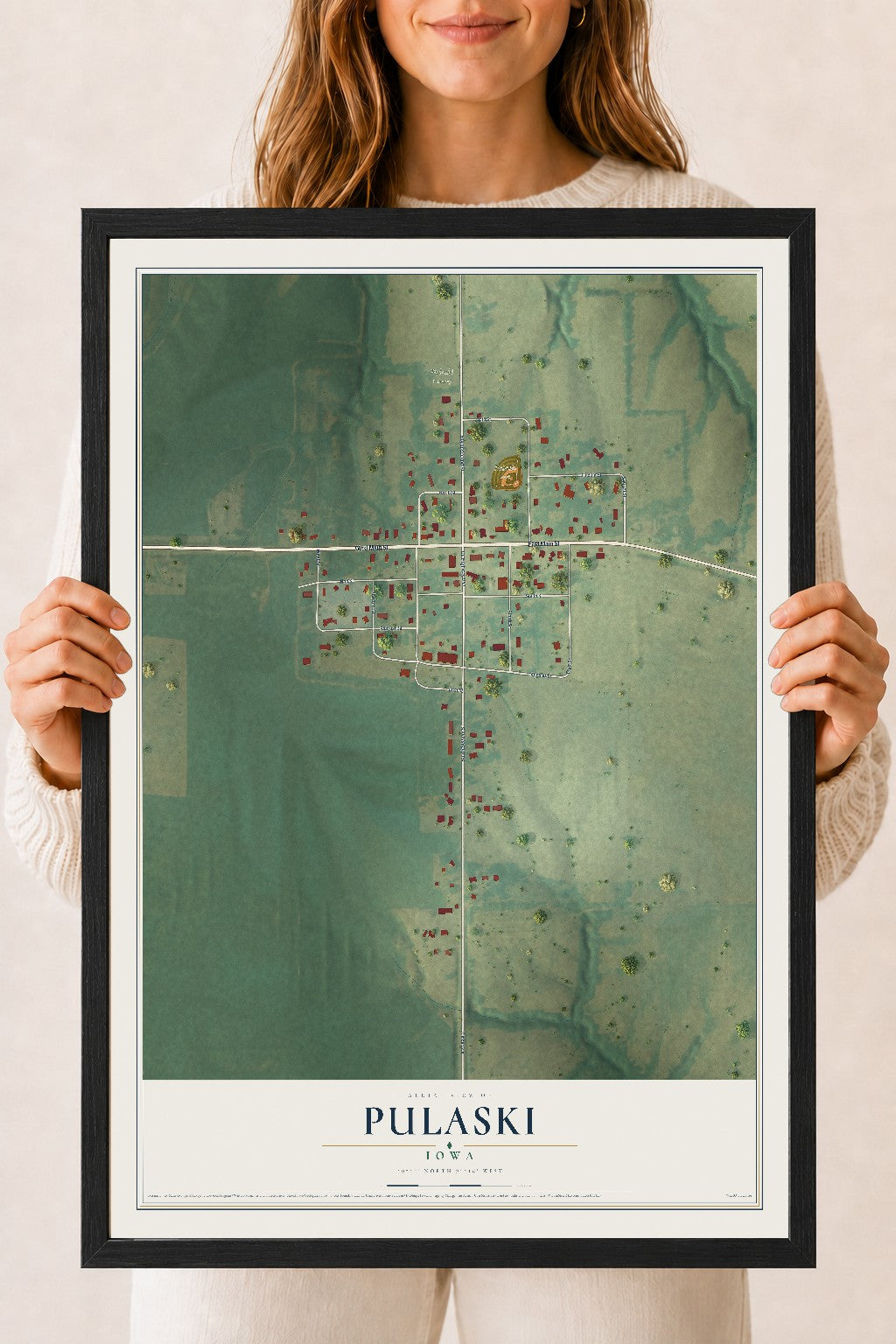 Map of Pulaski, Iowa, 18 x 24 inch print in a black wood frame