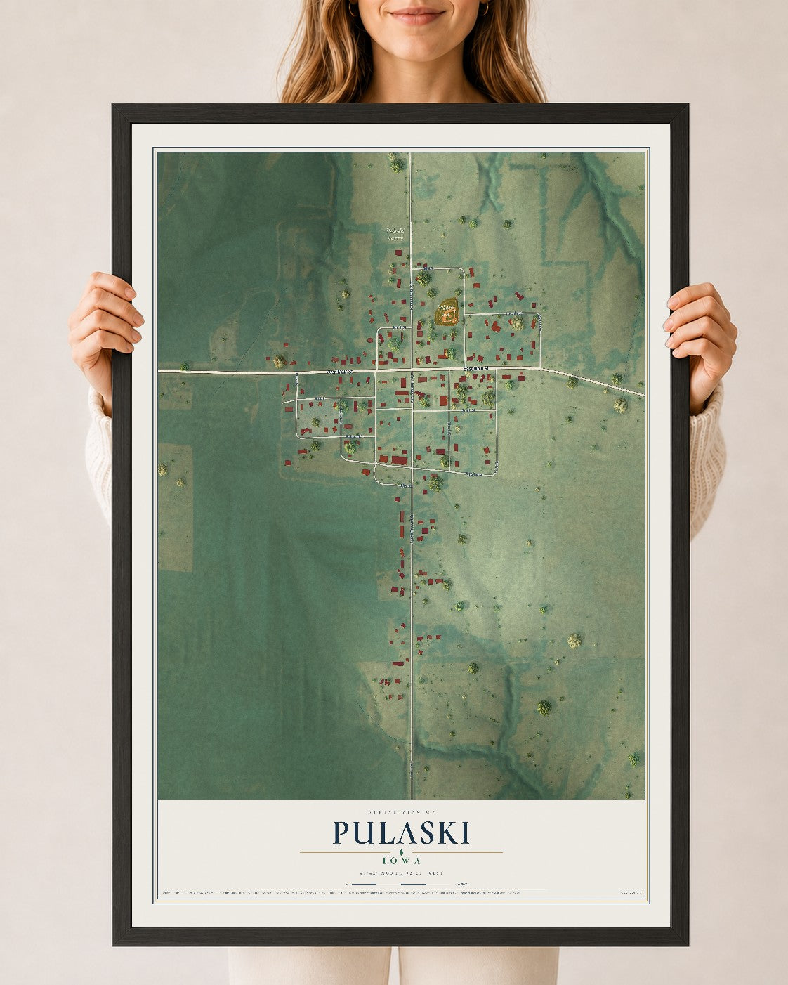 Map of Pulaski, Iowa, 24 x 36 inch print in a black wood frame