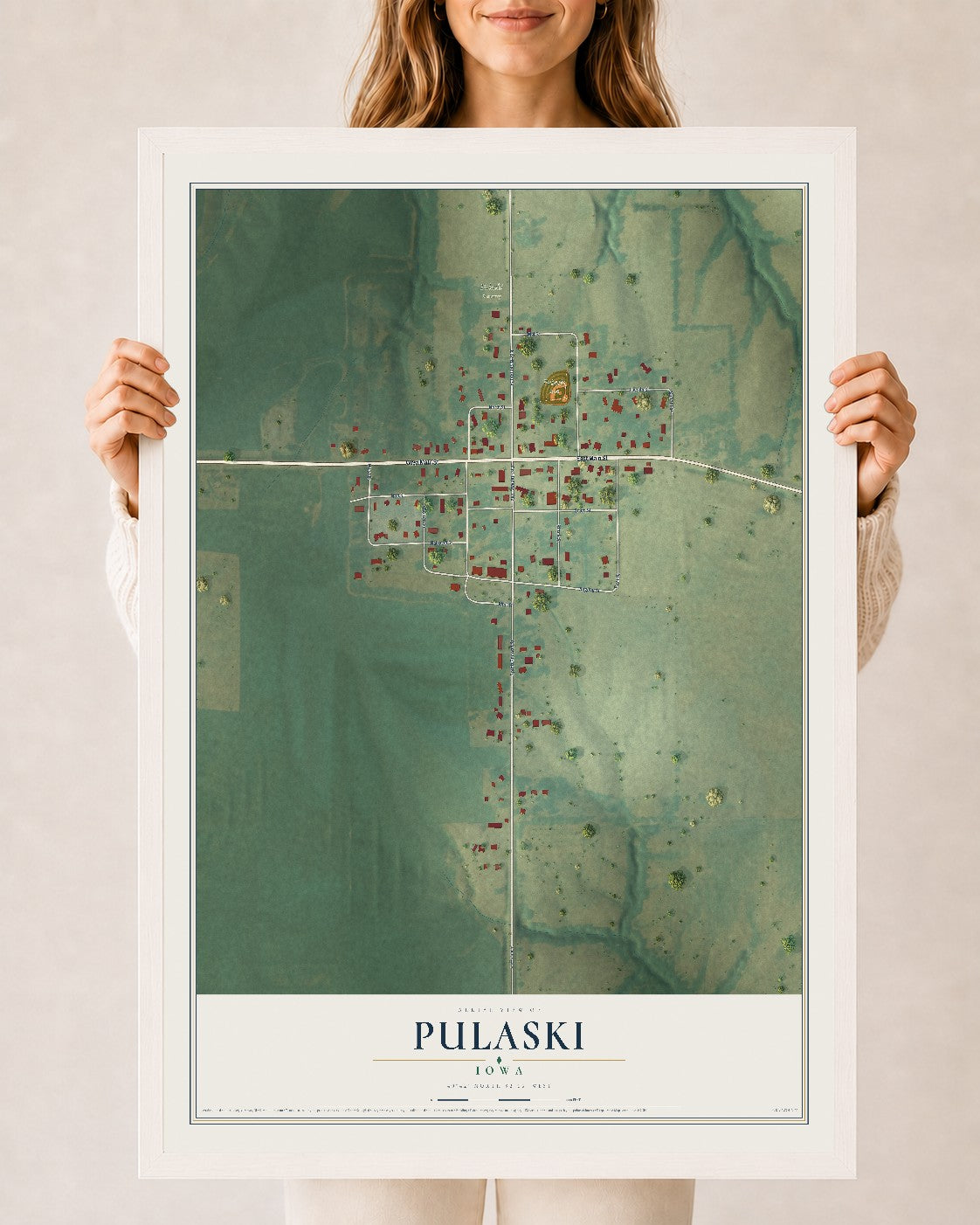 Map of Pulaski, Iowa, 24 x 36 inch print in a white wood frame