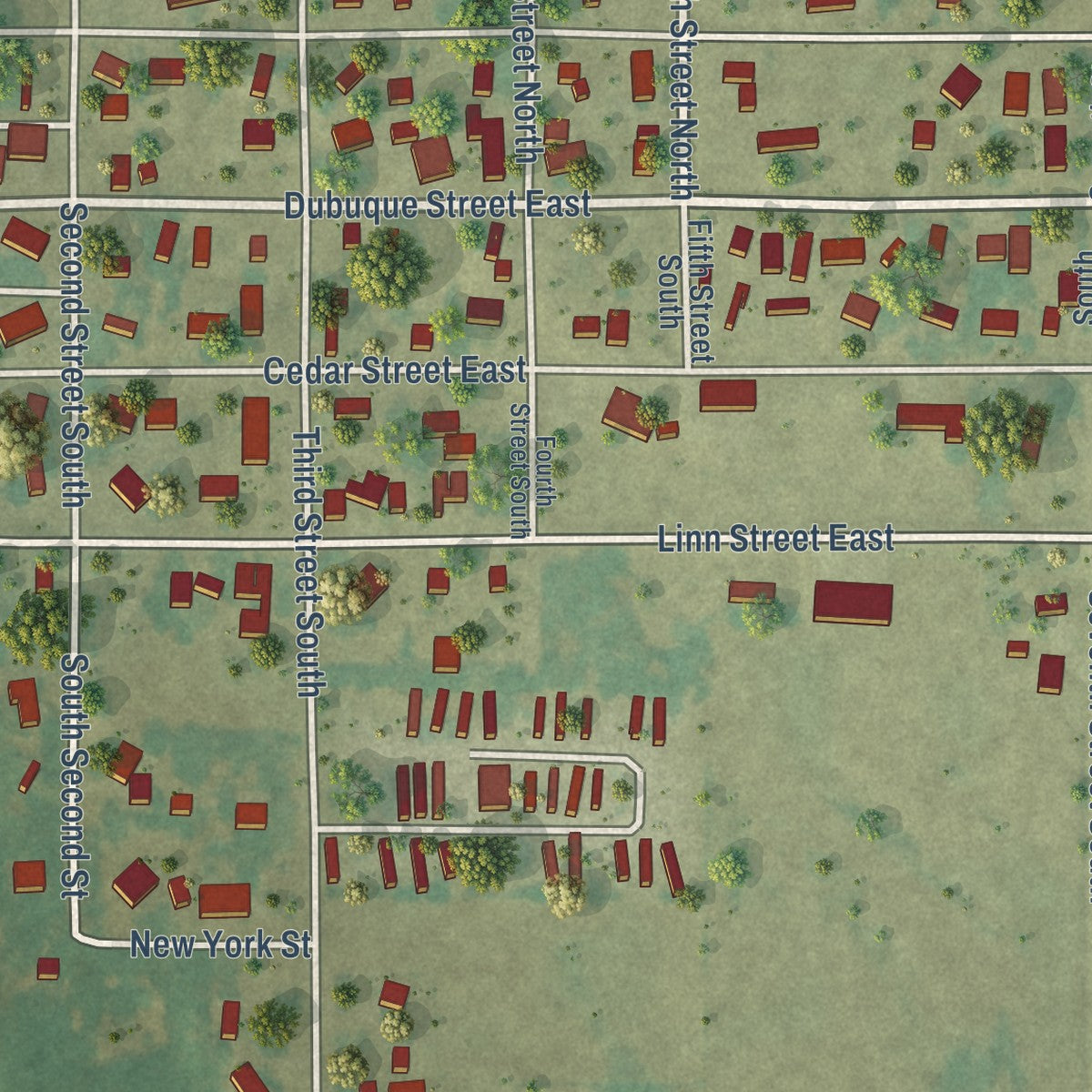 Close-up of the map of Quasqueton, Iowa print showing street and building detail