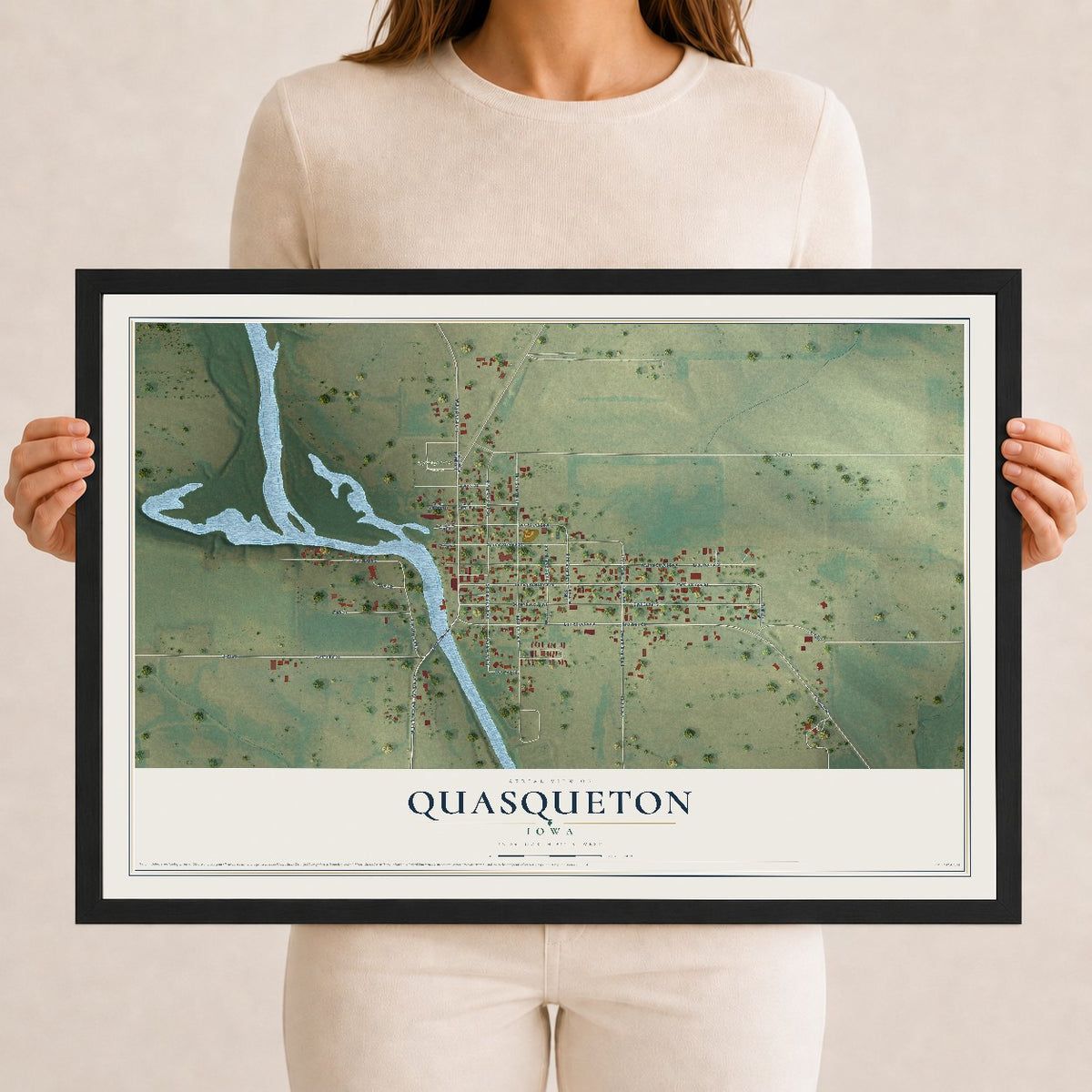 Map of Quasqueton, Iowa, 12 x 18 inch print in a black wood frame