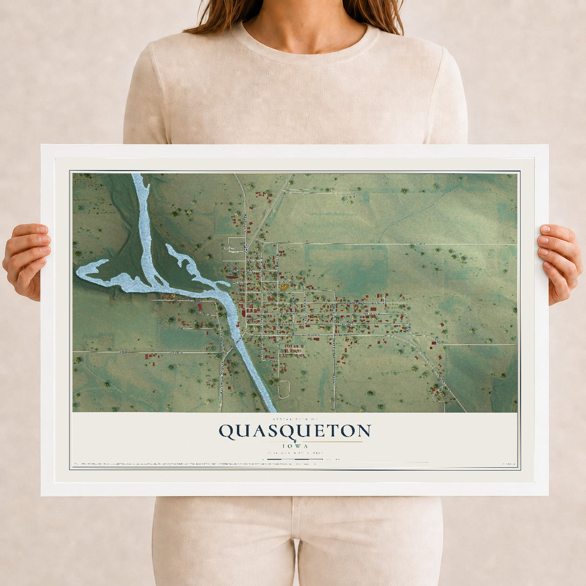 Map of Quasqueton, Iowa, 12 x 18 inch print in a white wood frame
