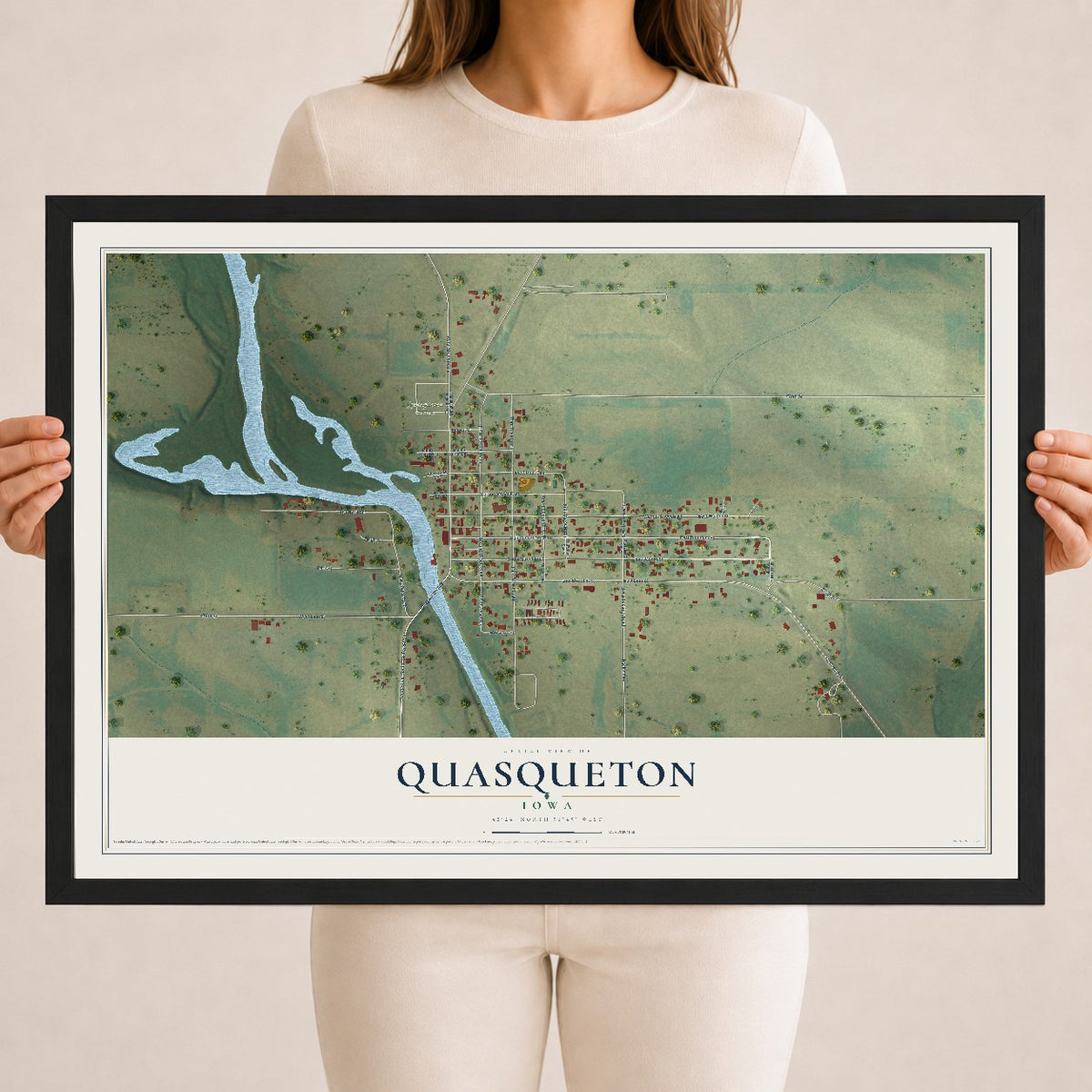 Map of Quasqueton, Iowa, 18 x 24 inch print in a black wood frame