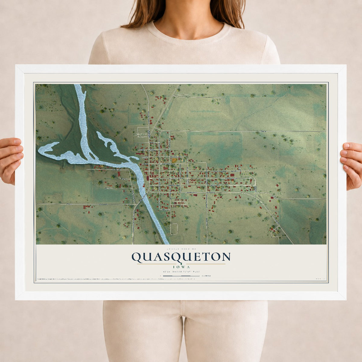 Map of Quasqueton, Iowa, 18 x 24 inch print in a white wood frame