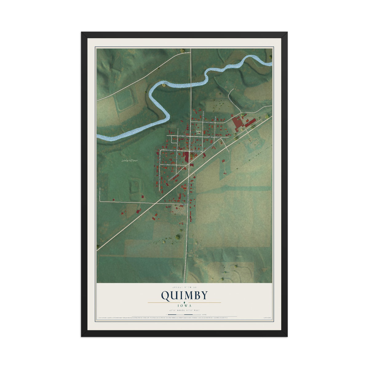 Map of Quimby, Iowa, 12 x 18 inch print in a black wood frame