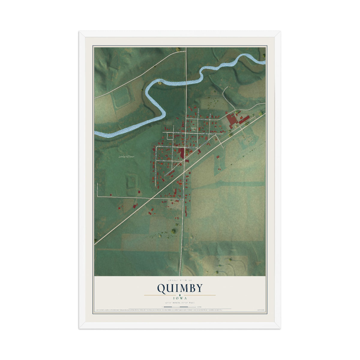 Map of Quimby, Iowa, 12 x 18 inch print in a white wood frame